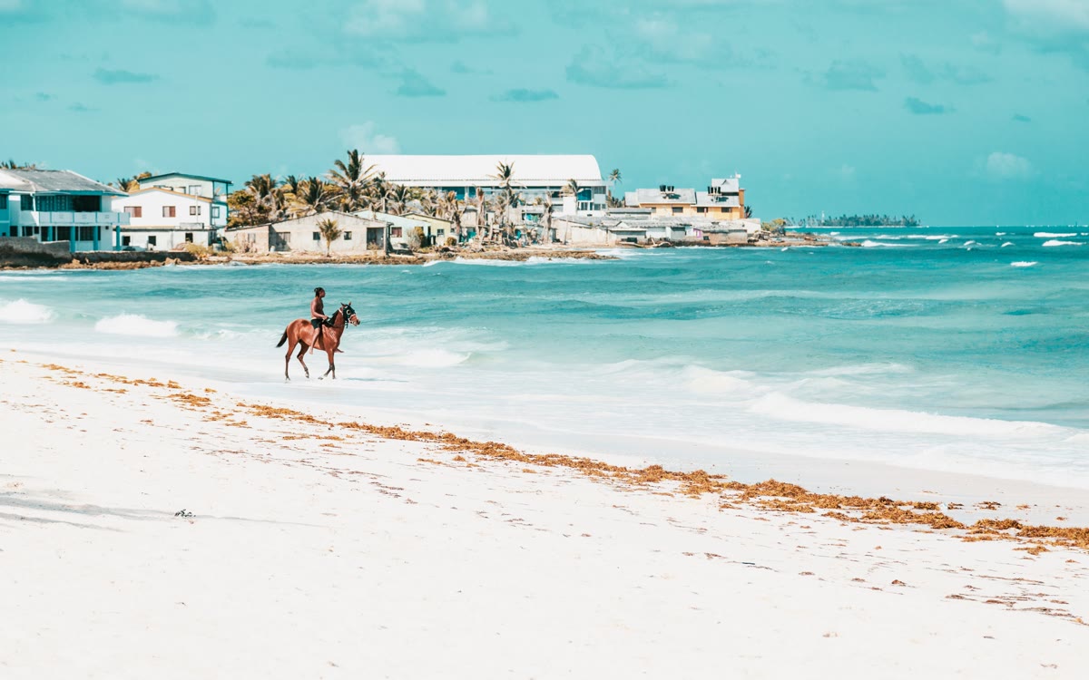 Bright Caribbean beach with turquoise water.